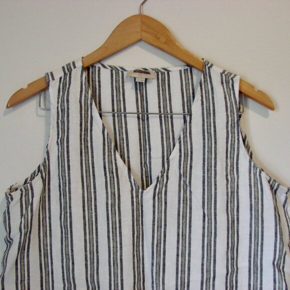 Linen Striped Sleeveless Top Blue White Gold Lurex Ruffle Hem Flowy Large Petite - Picture 2 of 11